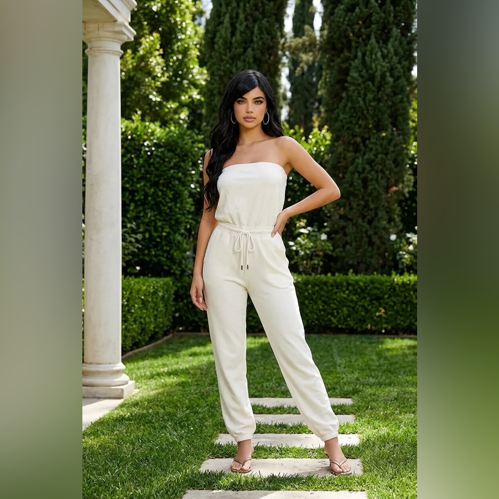 Ariztzia Sunday Strapless Cream Drawstring Jumpsuit
